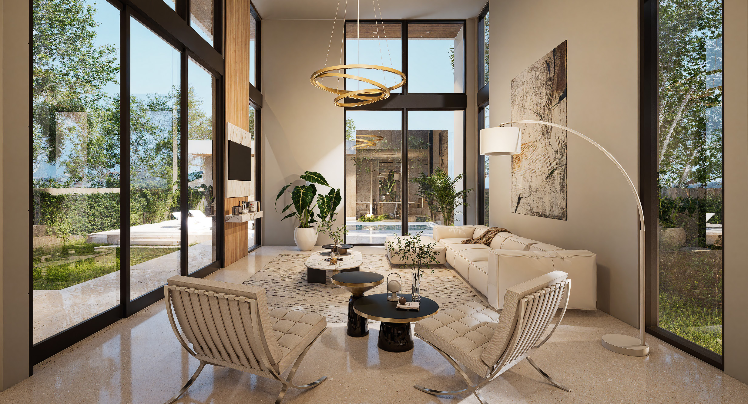 Light-filled modern living room with floor-to-ceiling glass