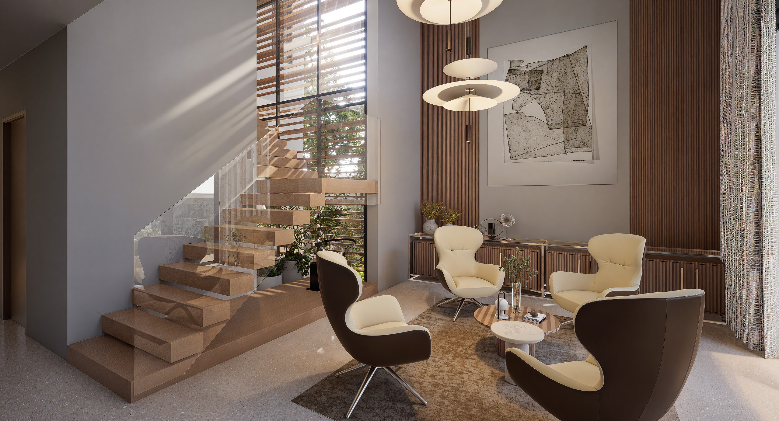 Modern interior with natural wood, stone, and sculptural lighting
