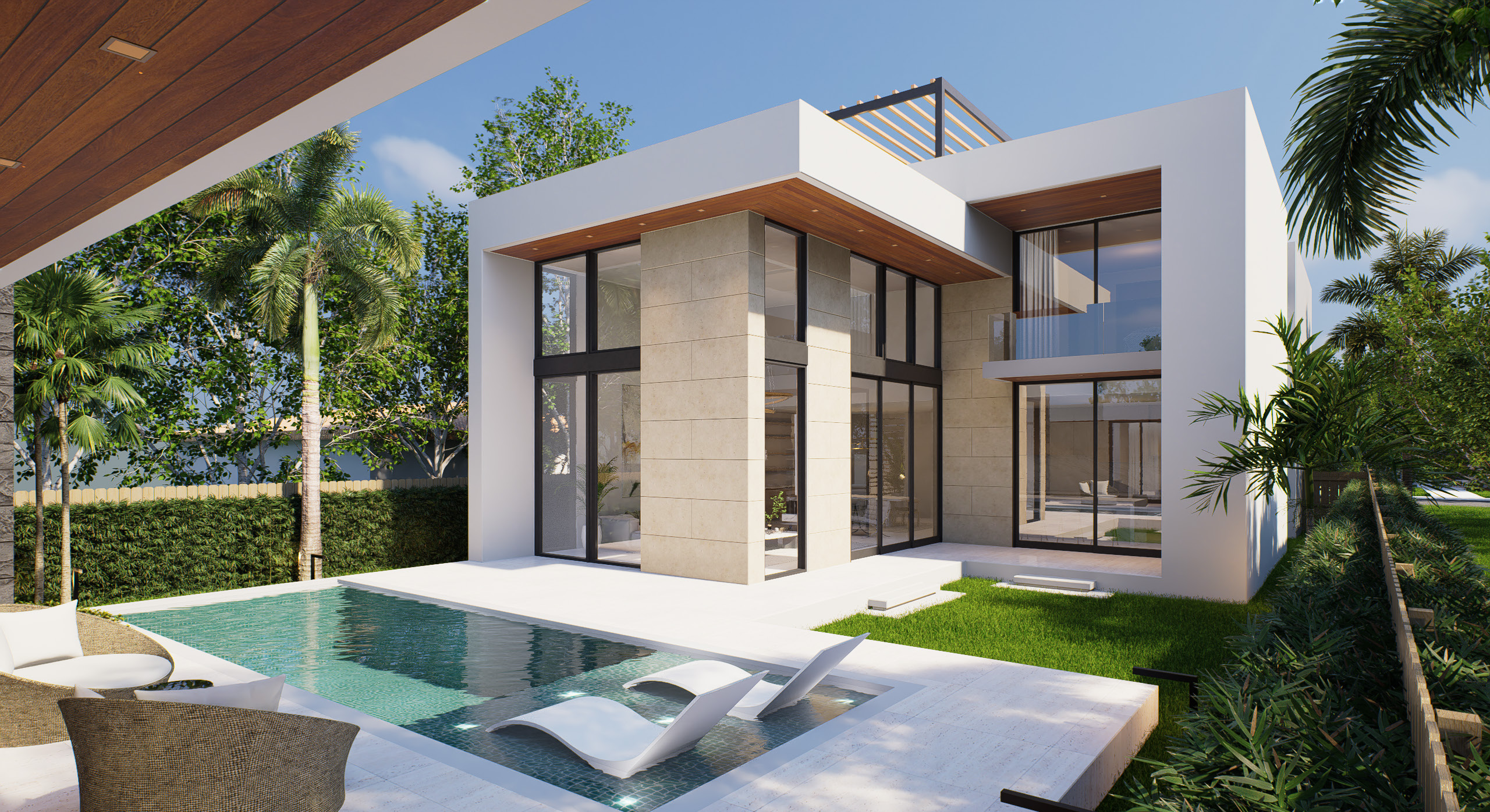 Contemporary Miami residence with a landscaped pool